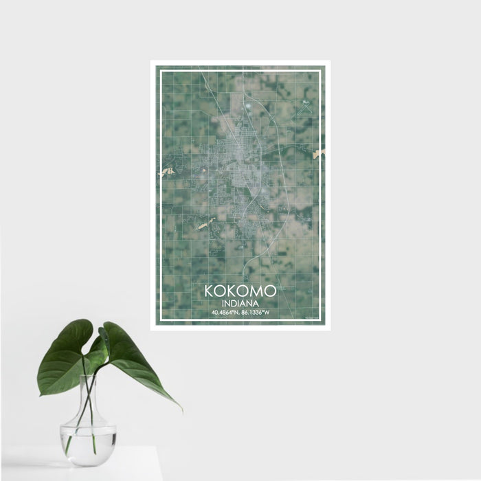 16x24 Kokomo Indiana Map Print Portrait Orientation in Afternoon Style With Tropical Plant Leaves in Water