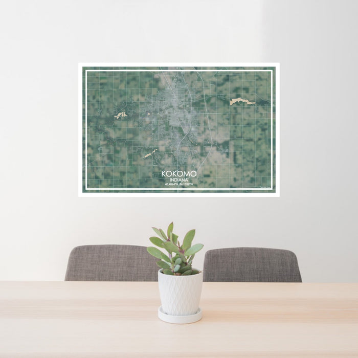 24x36 Kokomo Indiana Map Print Lanscape Orientation in Afternoon Style Behind 2 Chairs Table and Potted Plant