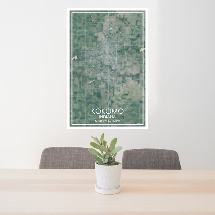 24x36 Kokomo Indiana Map Print Portrait Orientation in Afternoon Style Behind 2 Chairs Table and Potted Plant