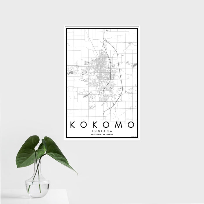 16x24 Kokomo Indiana Map Print Portrait Orientation in Classic Style With Tropical Plant Leaves in Water