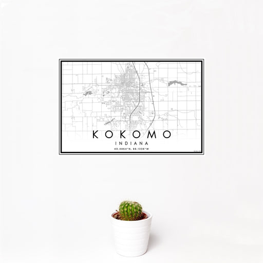 12x18 Kokomo Indiana Map Print Landscape Orientation in Classic Style With Small Cactus Plant in White Planter