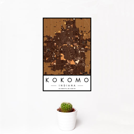 12x18 Kokomo Indiana Map Print Portrait Orientation in Ember Style With Small Cactus Plant in White Planter