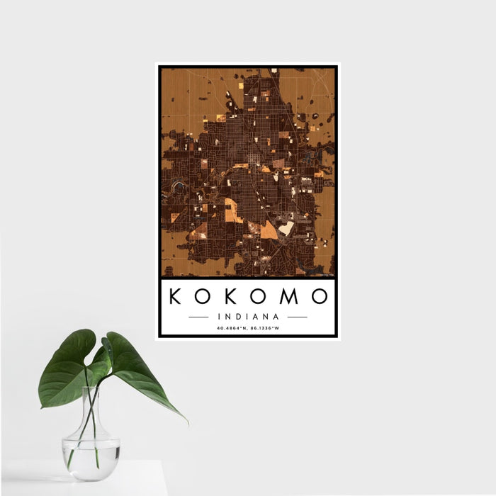 16x24 Kokomo Indiana Map Print Portrait Orientation in Ember Style With Tropical Plant Leaves in Water