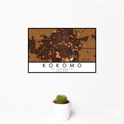 12x18 Kokomo Indiana Map Print Landscape Orientation in Ember Style With Small Cactus Plant in White Planter
