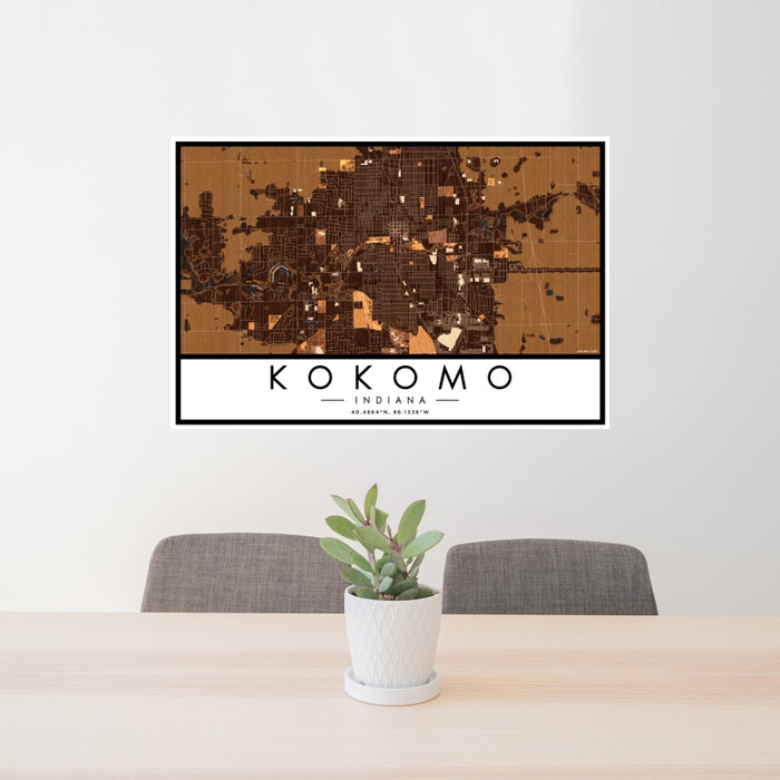 24x36 Kokomo Indiana Map Print Landscape Orientation in Ember Style Behind 2 Chairs Table and Potted Plant