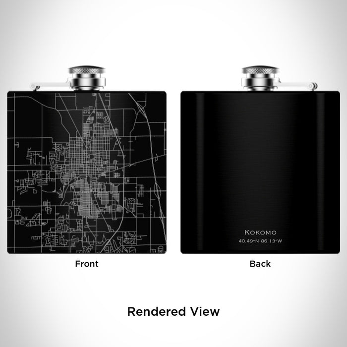 Rendered View of Kokomo Indiana Map Engraving on 6oz Stainless Steel Flask in Black