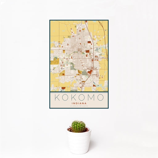 12x18 Kokomo Indiana Map Print Portrait Orientation in Woodblock Style With Small Cactus Plant in White Planter