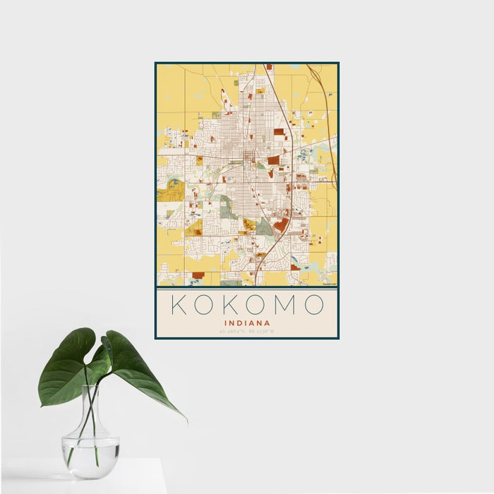 16x24 Kokomo Indiana Map Print Portrait Orientation in Woodblock Style With Tropical Plant Leaves in Water