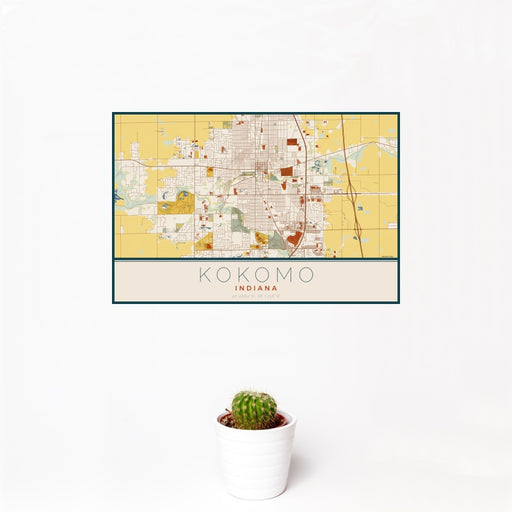 12x18 Kokomo Indiana Map Print Landscape Orientation in Woodblock Style With Small Cactus Plant in White Planter