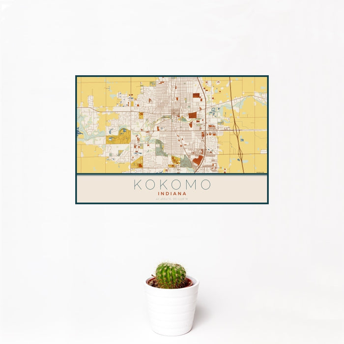 12x18 Kokomo Indiana Map Print Landscape Orientation in Woodblock Style With Small Cactus Plant in White Planter