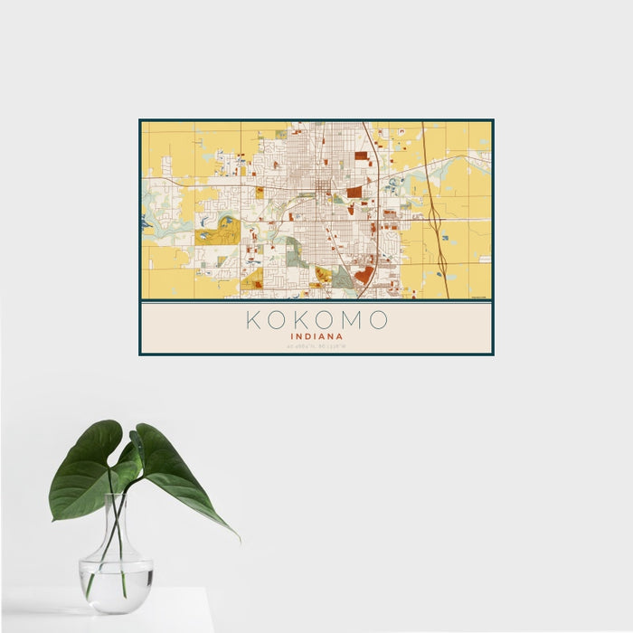 16x24 Kokomo Indiana Map Print Landscape Orientation in Woodblock Style With Tropical Plant Leaves in Water