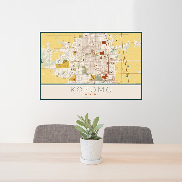 24x36 Kokomo Indiana Map Print Landscape Orientation in Woodblock Style Behind 2 Chairs Table and Potted Plant