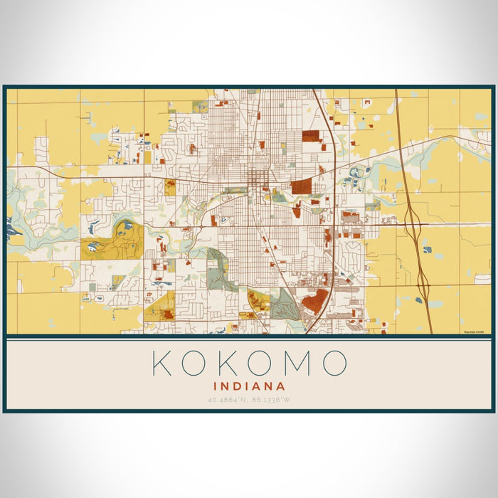 Kokomo Indiana Map Print Landscape Orientation in Woodblock Style With Shaded Background