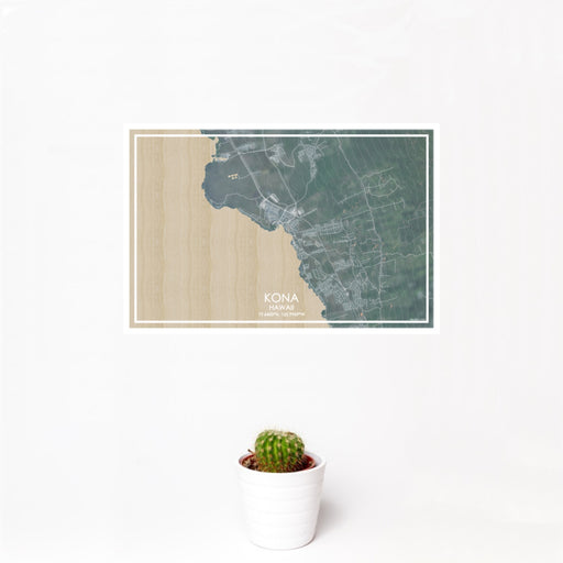 12x18 Kona Hawaii Map Print Landscape Orientation in Afternoon Style With Small Cactus Plant in White Planter