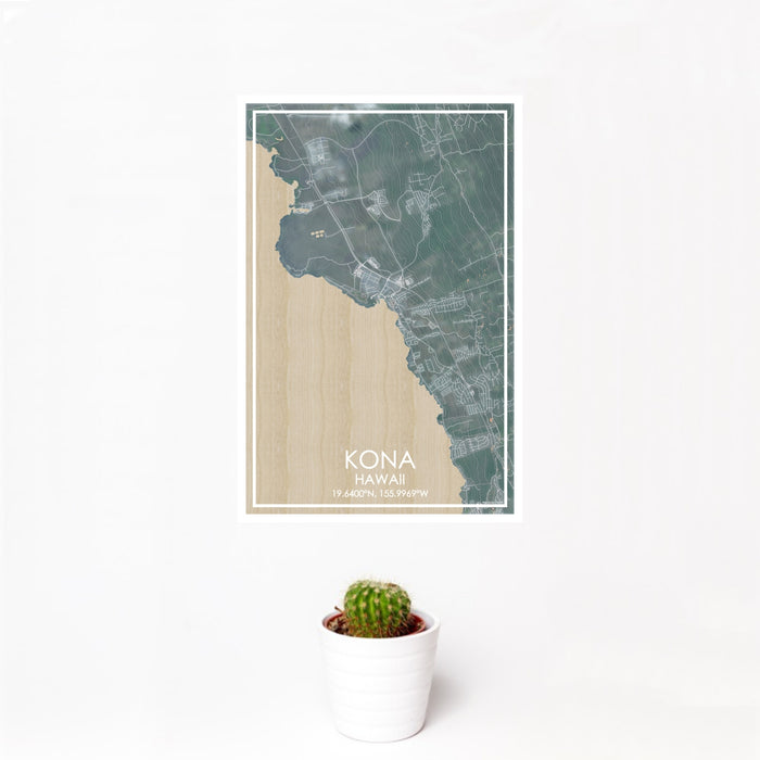 12x18 Kona Hawaii Map Print Portrait Orientation in Afternoon Style With Small Cactus Plant in White Planter
