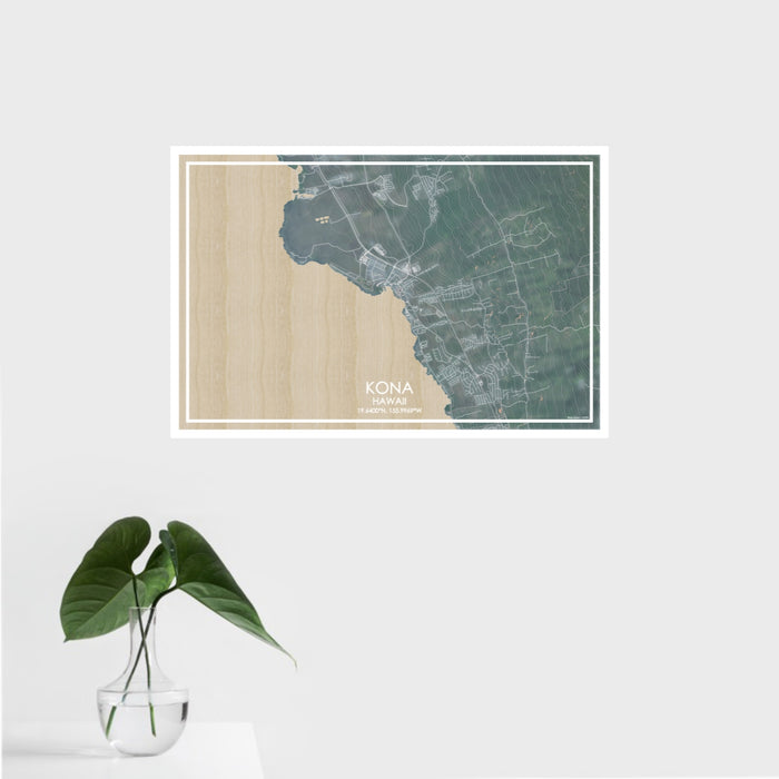 16x24 Kona Hawaii Map Print Landscape Orientation in Afternoon Style With Tropical Plant Leaves in Water