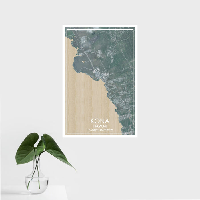 16x24 Kona Hawaii Map Print Portrait Orientation in Afternoon Style With Tropical Plant Leaves in Water