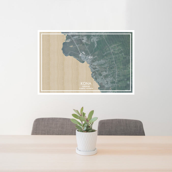 24x36 Kona Hawaii Map Print Lanscape Orientation in Afternoon Style Behind 2 Chairs Table and Potted Plant
