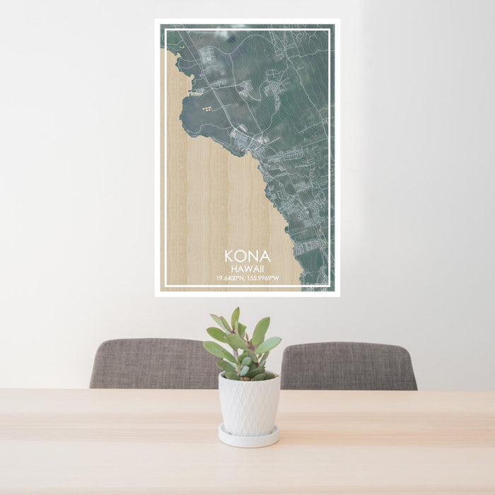 24x36 Kona Hawaii Map Print Portrait Orientation in Afternoon Style Behind 2 Chairs Table and Potted Plant