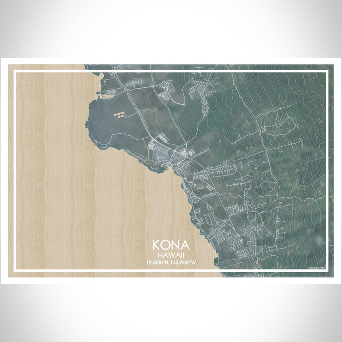 Kona Hawaii Map Print Landscape Orientation in Afternoon Style With Shaded Background