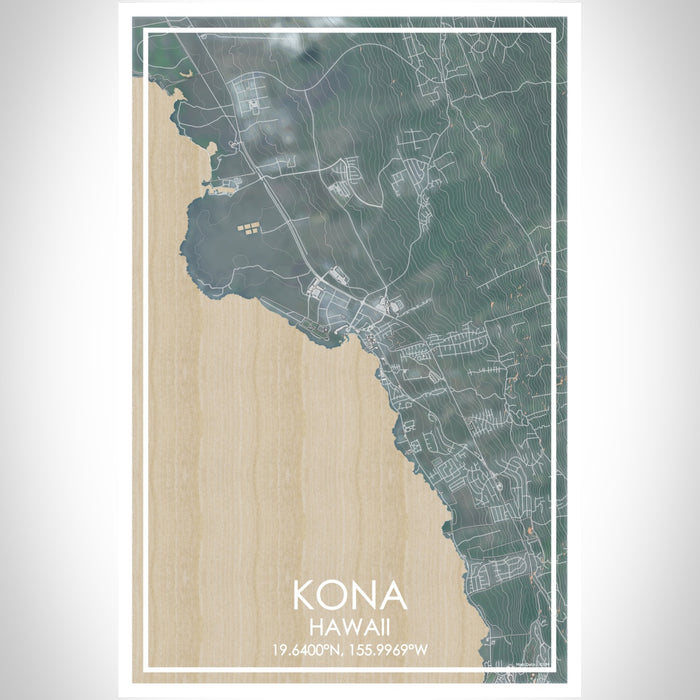 Kona Hawaii Map Print Portrait Orientation in Afternoon Style With Shaded Background