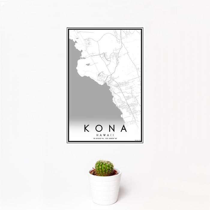 12x18 Kona Hawaii Map Print Portrait Orientation in Classic Style With Small Cactus Plant in White Planter