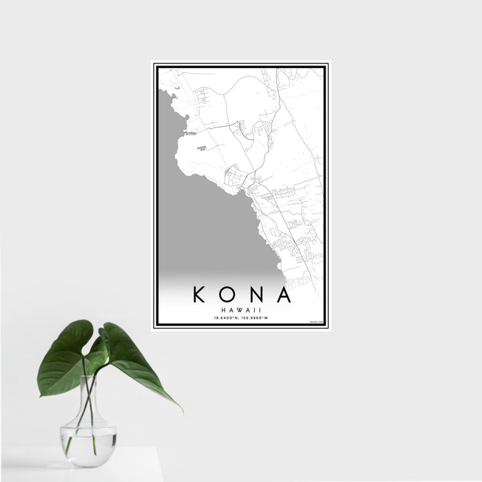 16x24 Kona Hawaii Map Print Portrait Orientation in Classic Style With Tropical Plant Leaves in Water