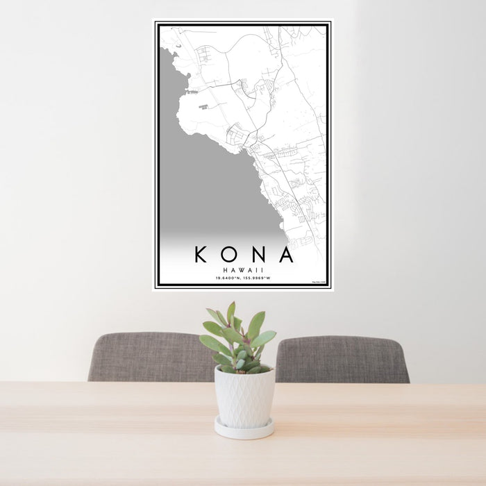 24x36 Kona Hawaii Map Print Portrait Orientation in Classic Style Behind 2 Chairs Table and Potted Plant