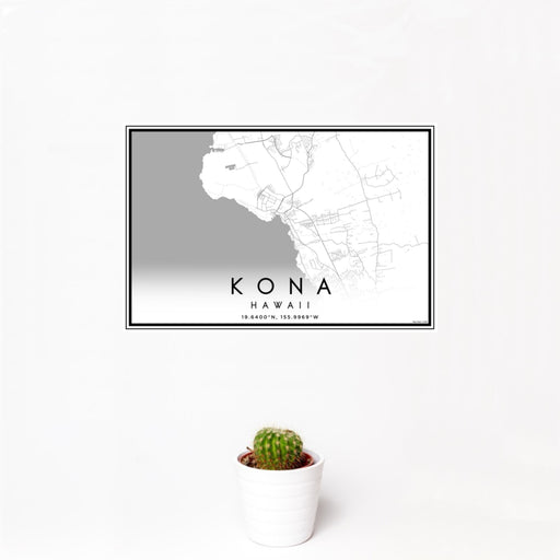 12x18 Kona Hawaii Map Print Landscape Orientation in Classic Style With Small Cactus Plant in White Planter