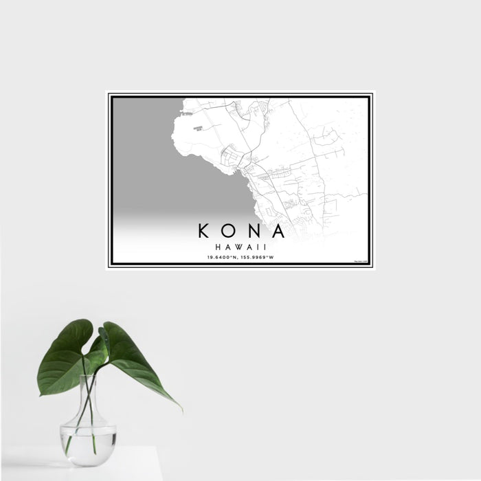16x24 Kona Hawaii Map Print Landscape Orientation in Classic Style With Tropical Plant Leaves in Water