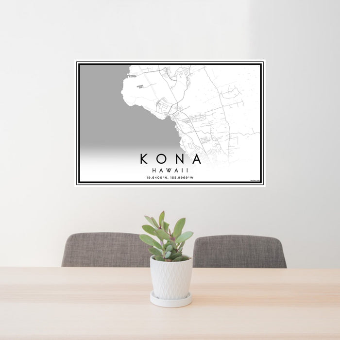 24x36 Kona Hawaii Map Print Landscape Orientation in Classic Style Behind 2 Chairs Table and Potted Plant