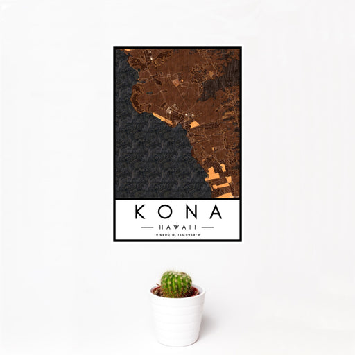 12x18 Kona Hawaii Map Print Portrait Orientation in Ember Style With Small Cactus Plant in White Planter