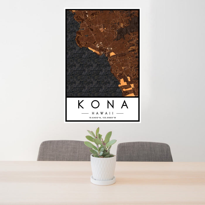 24x36 Kona Hawaii Map Print Portrait Orientation in Ember Style Behind 2 Chairs Table and Potted Plant