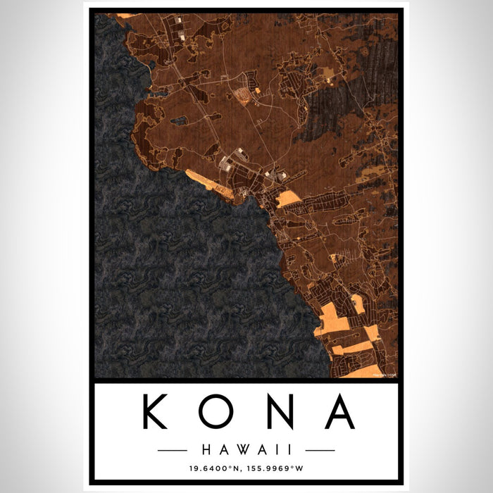 Kona Hawaii Map Print Portrait Orientation in Ember Style With Shaded Background