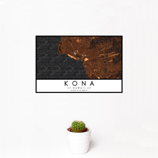 12x18 Kona Hawaii Map Print Landscape Orientation in Ember Style With Small Cactus Plant in White Planter