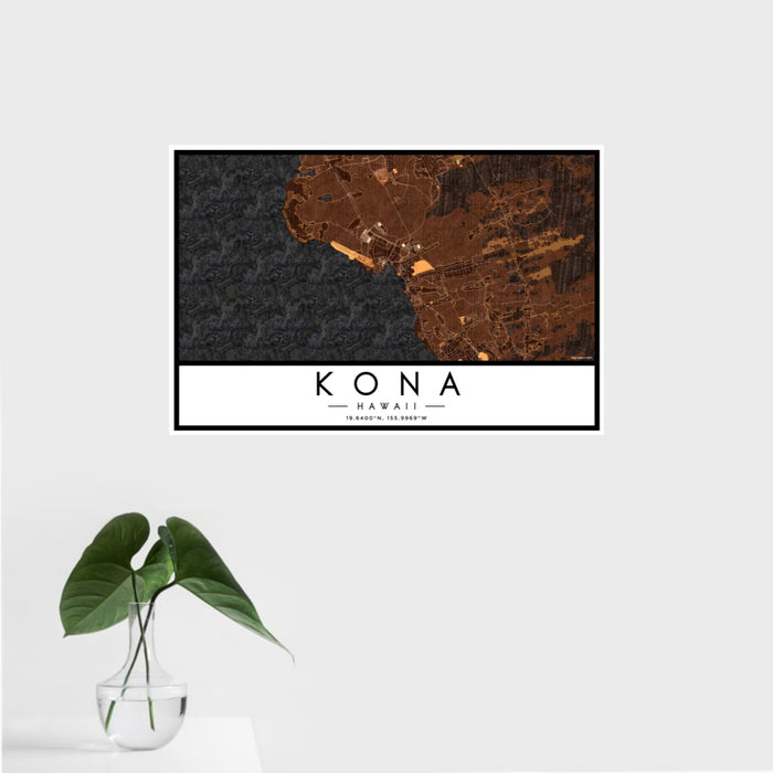 16x24 Kona Hawaii Map Print Landscape Orientation in Ember Style With Tropical Plant Leaves in Water