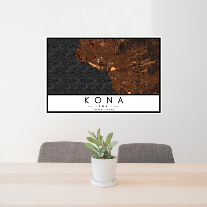 24x36 Kona Hawaii Map Print Landscape Orientation in Ember Style Behind 2 Chairs Table and Potted Plant