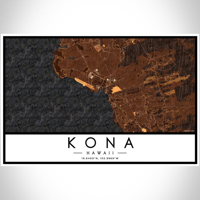 Kona Hawaii Map Print Landscape Orientation in Ember Style With Shaded Background