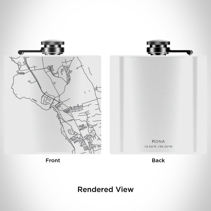 Rendered View of Kona Hawaii Map Engraving on 6oz Stainless Steel Flask in White