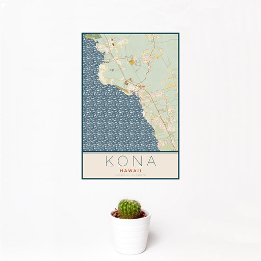 12x18 Kona Hawaii Map Print Portrait Orientation in Woodblock Style With Small Cactus Plant in White Planter