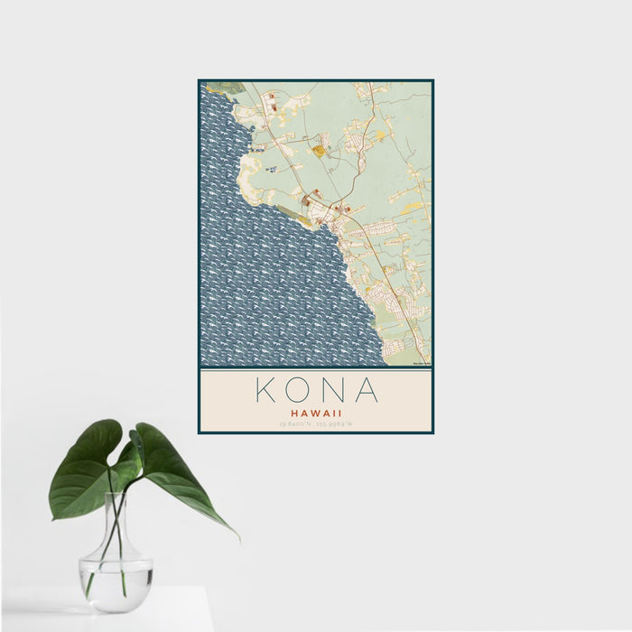 16x24 Kona Hawaii Map Print Portrait Orientation in Woodblock Style With Tropical Plant Leaves in Water