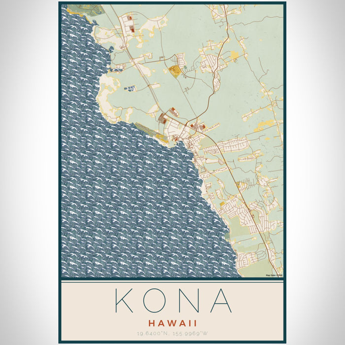 Kona Hawaii Map Print Portrait Orientation in Woodblock Style With Shaded Background
