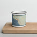 Front View Custom Kona Hawaii Map Enamel Mug in Woodblock on Cutting Board