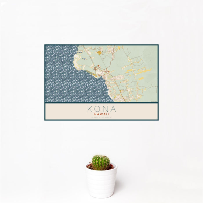 12x18 Kona Hawaii Map Print Landscape Orientation in Woodblock Style With Small Cactus Plant in White Planter