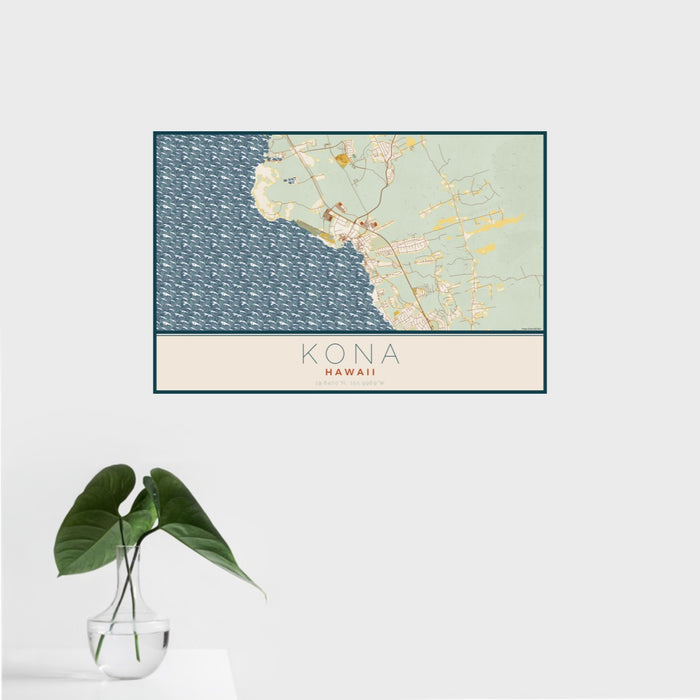 16x24 Kona Hawaii Map Print Landscape Orientation in Woodblock Style With Tropical Plant Leaves in Water