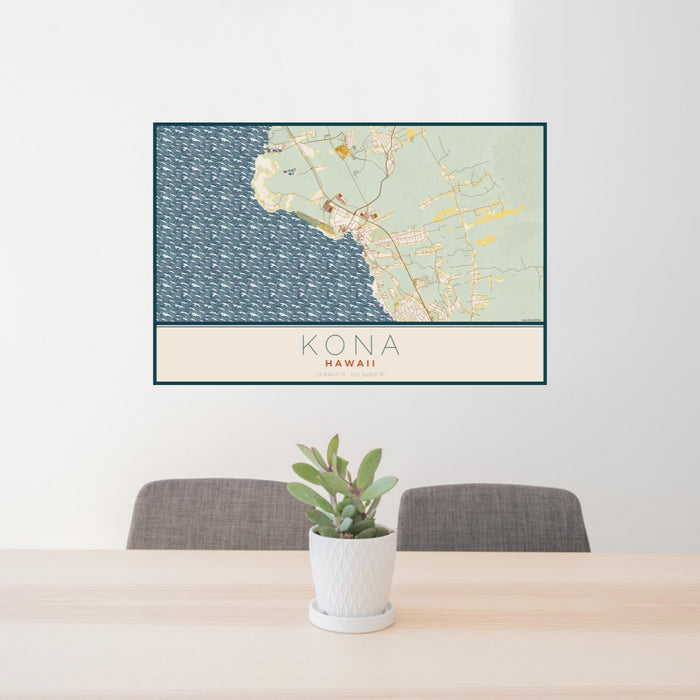 24x36 Kona Hawaii Map Print Landscape Orientation in Woodblock Style Behind 2 Chairs Table and Potted Plant