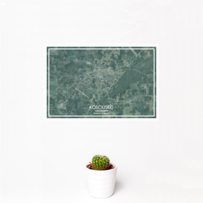12x18 Kosciusko Mississippi Map Print Landscape Orientation in Afternoon Style With Small Cactus Plant in White Planter