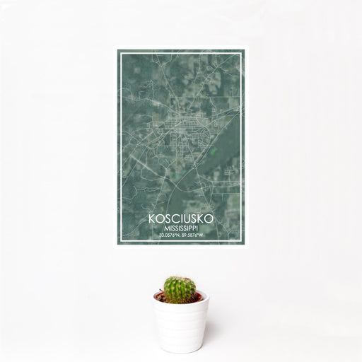 12x18 Kosciusko Mississippi Map Print Portrait Orientation in Afternoon Style With Small Cactus Plant in White Planter