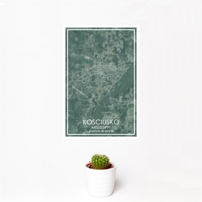 12x18 Kosciusko Mississippi Map Print Portrait Orientation in Afternoon Style With Small Cactus Plant in White Planter
