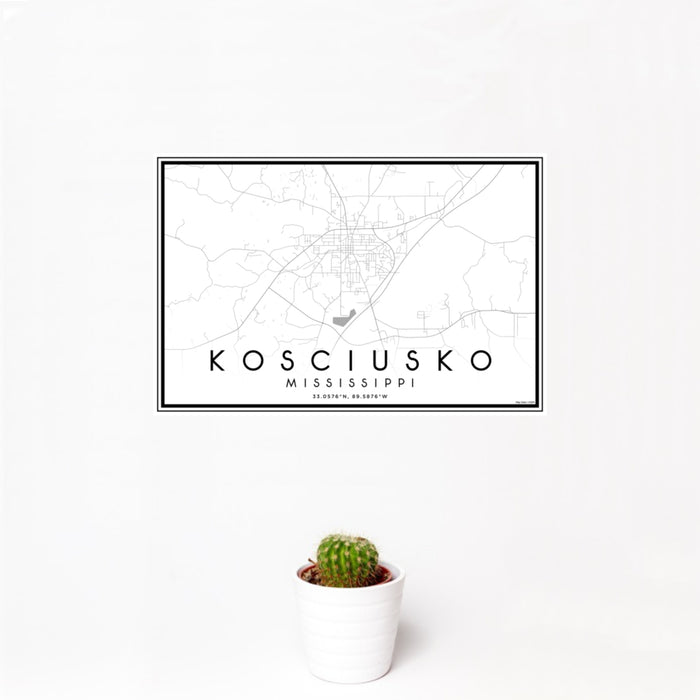 12x18 Kosciusko Mississippi Map Print Landscape Orientation in Classic Style With Small Cactus Plant in White Planter